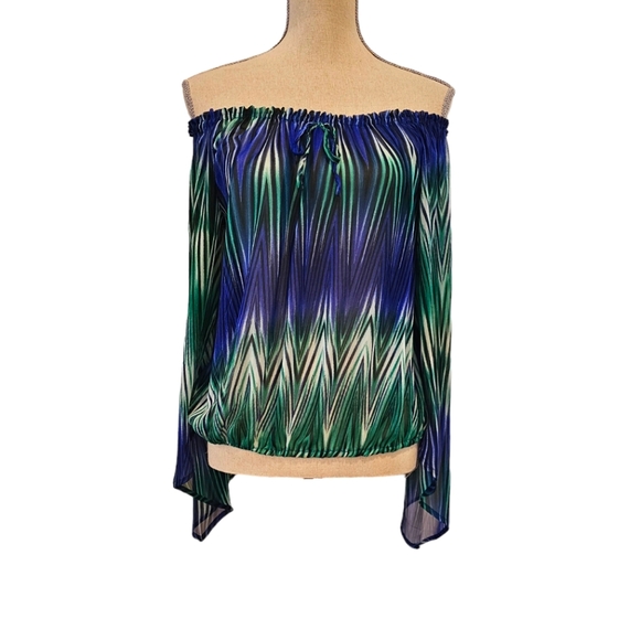 NWOT Mandee Sheer Blue & Green Striped Top - Picture 2 of 4